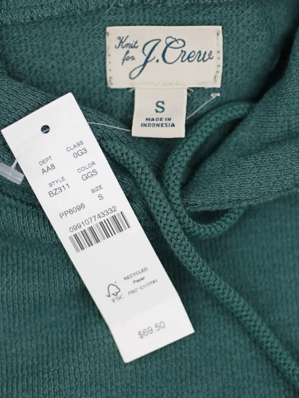 New J.CREW Size Mens S Textured Hooded Sweater-Tee in Green $69 BZ311